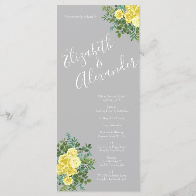 Yellow & Grey Vintage Elegant Floral Wedding Menu (Front)