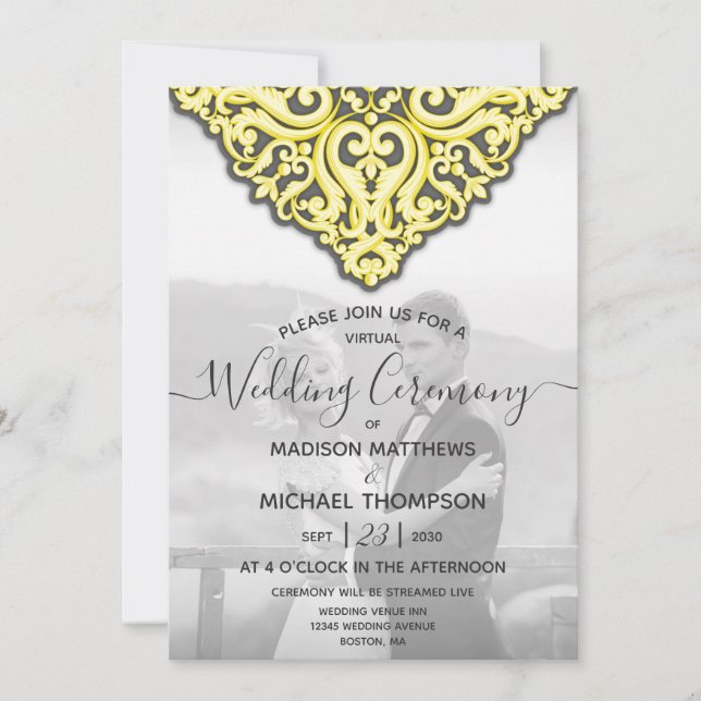 Yellow Grey Virtual Wedding Livestream Wedding Invitation (Front)