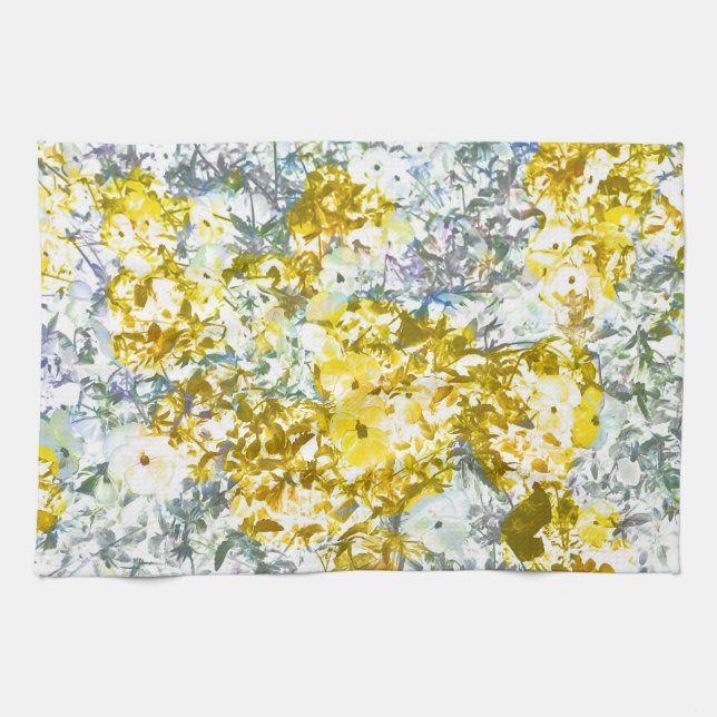 Yellow grey water colour flower pattern design kitchen towel (Horizontal)