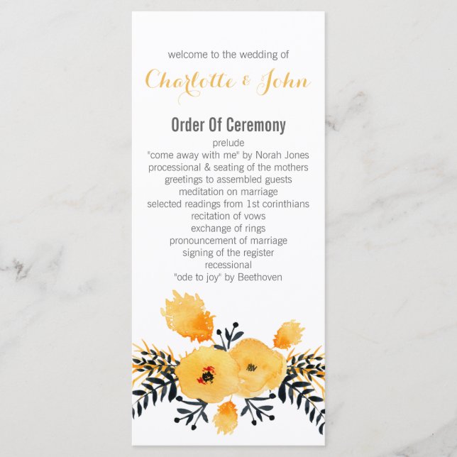 yellow grey watercolor floral wedding programs (Front)