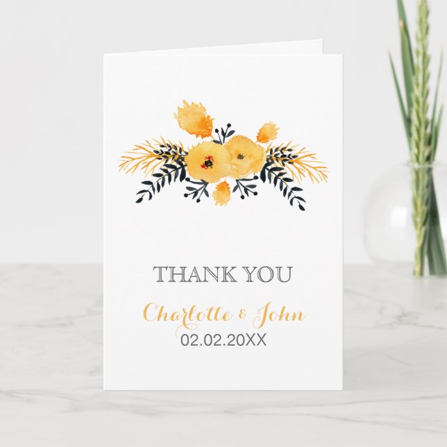 yellow grey watercolor floral wedding Thank You (Front)