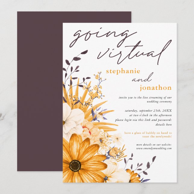 Yellow Grey Watercolor Florals Virtual Wedding Invitation (Front/Back)