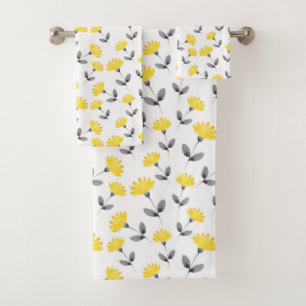 Yellow Grey Watercolor Flower Pattern Bath Towel Set