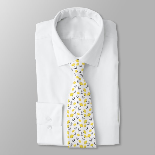 Yellow Grey Watercolor Flower Pattern Tie (Tied)