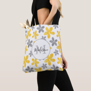 Yellow & Grey Watercolor Flower Pattern  Tote Bag