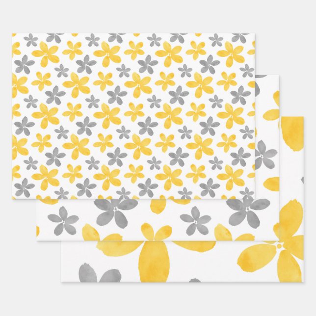 Yellow & Grey Watercolor Flower Pattern  Wrapping Paper Sheet (Set)