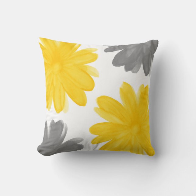 Yellow Grey Watercolor Flowers Throw Pillow (Front)