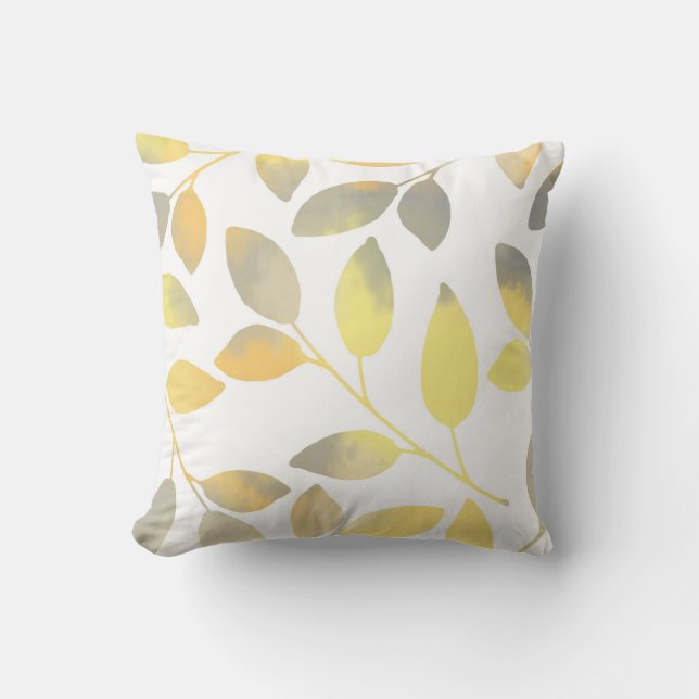 Yellow Grey Watercolor Leaves Throw Pillow (Front)