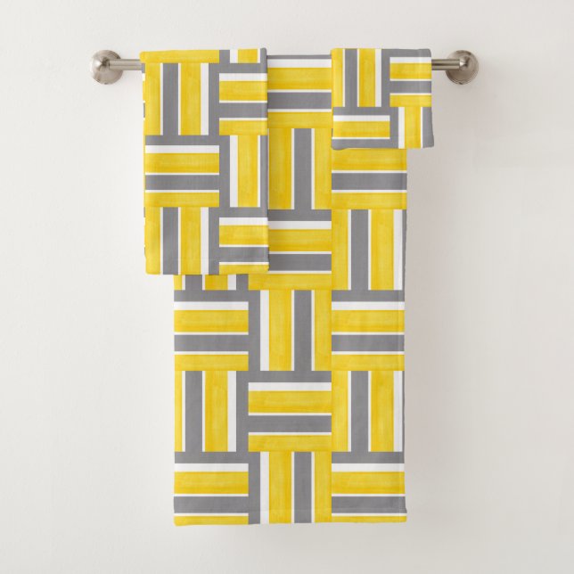 Yellow Grey Whit Stripes Modern Pattern Bath Towel Set (Insitu)