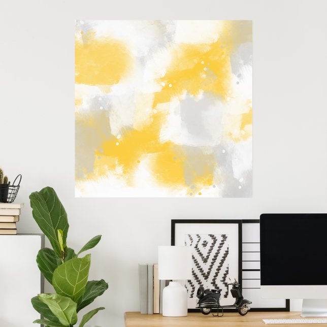 Yellow Grey & White Abstract Brushstrokes Poster (Home Office)