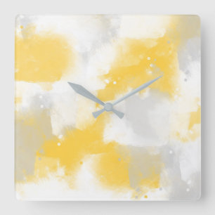 Yellow Grey & White Abstract Brushstrokes Square Wall Clock