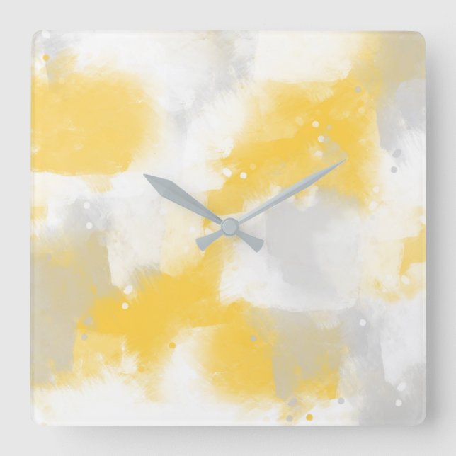 Yellow Grey & White Abstract Brushstrokes Square Wall Clock (Front)