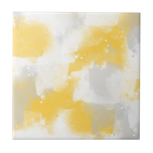 Yellow Grey & White Abstract Brushstrokes  Tile (Front)