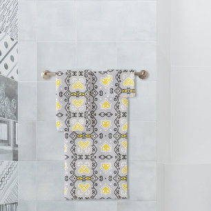 Yellow Grey White Arabesque Geometric Pattern Bath Towel Set