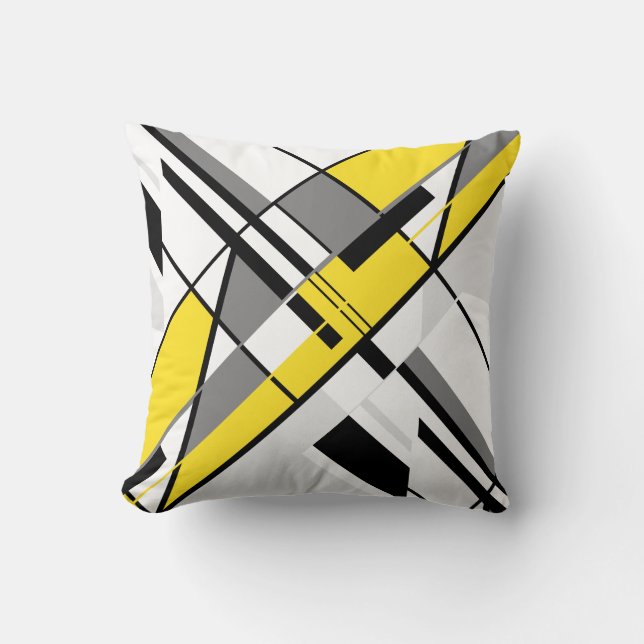 Yellow Grey White Black Diagonal Crisscross Design Throw Pillow (Front)