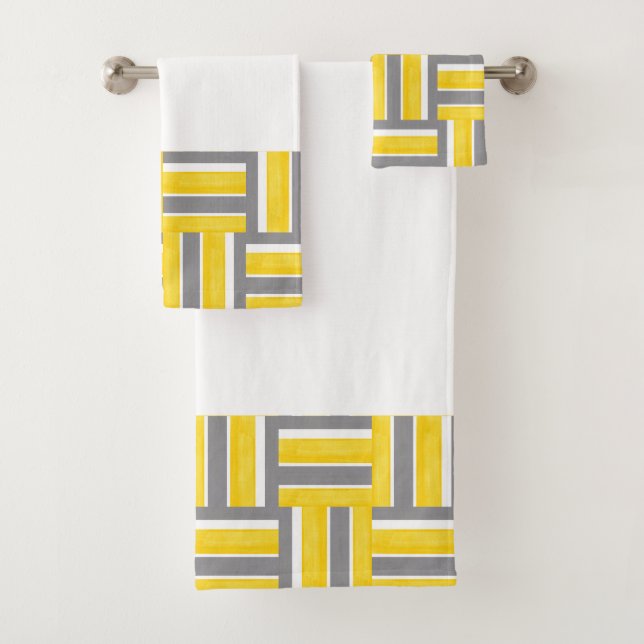 Yellow Grey White Block Stripes Modern Pattern Bath Towel Set (Insitu)