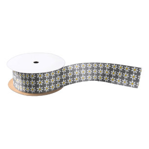 Yellow Grey White Daisy Pattern Satin Ribbon