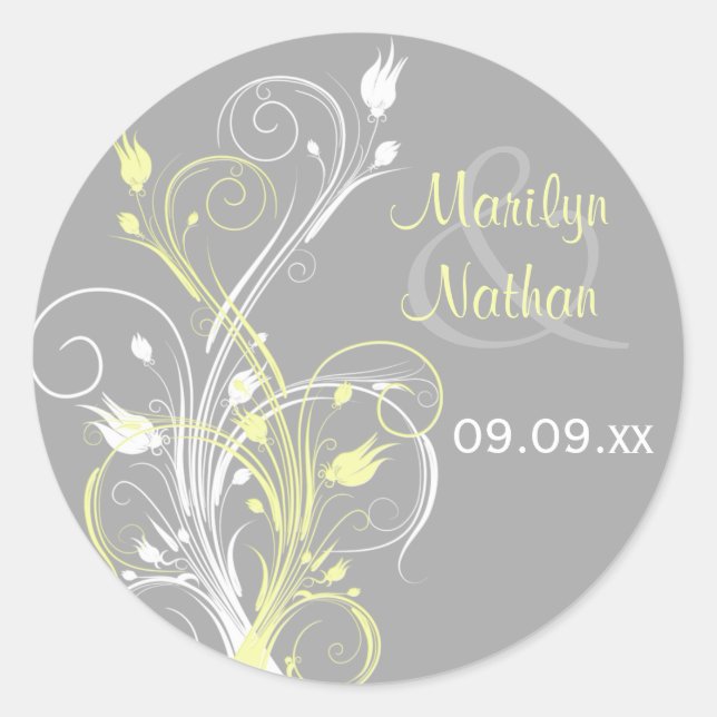 Yellow Grey White Floral 1.5" Wedding Sticker (Front)