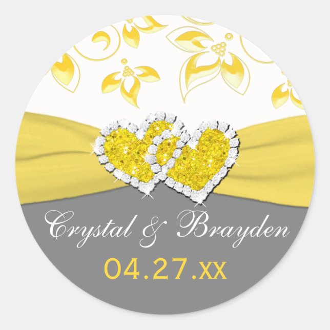 Yellow, Grey, White Floral Wedding Favour Sticker (Front)