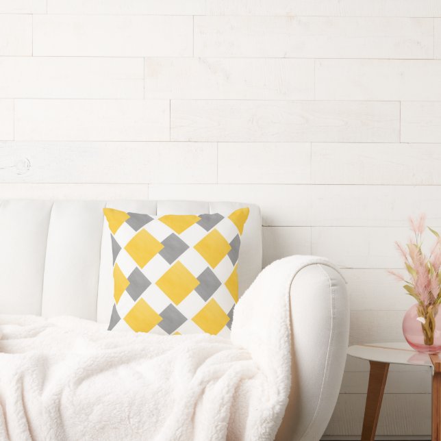 Yellow Grey White Geometric Block Pattern Throw Pillow (Couch)