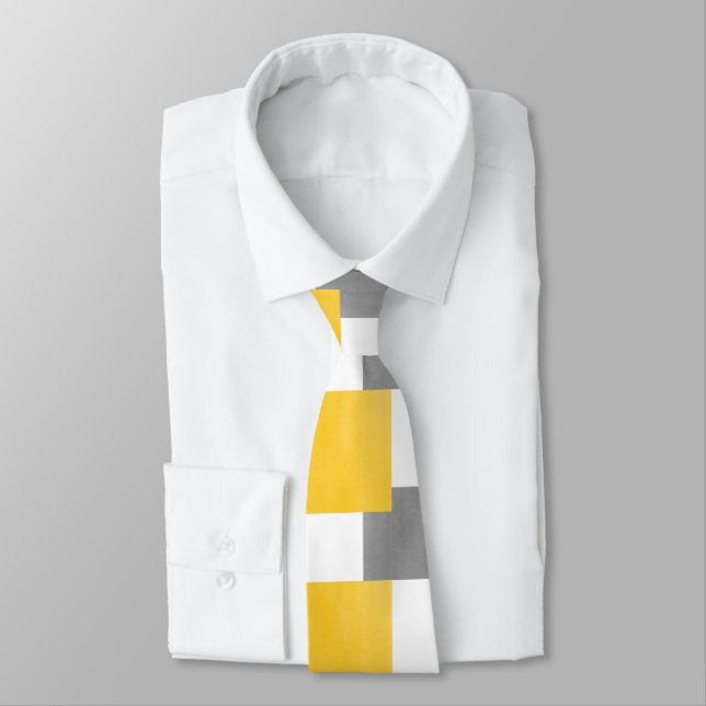 Yellow Grey White Geometric Pattern Tie (Tied)