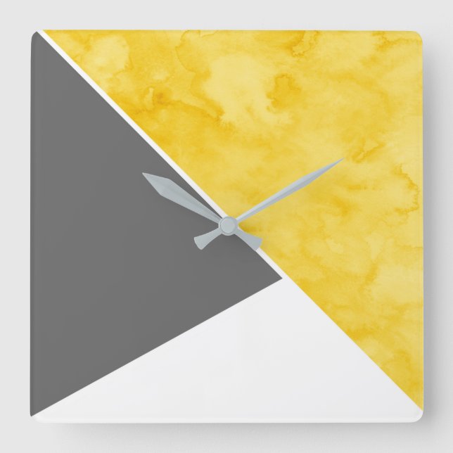 Yellow Grey White Modern Square Wall Clock (Front)