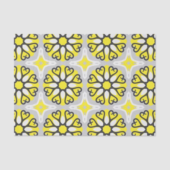 Yellow Grey White Mosaic Floral Geometric Pattern Tissue Paper (Front)