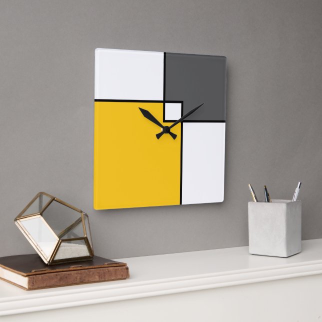 Yellow Grey White Squares Square Wall Clock (Office)
