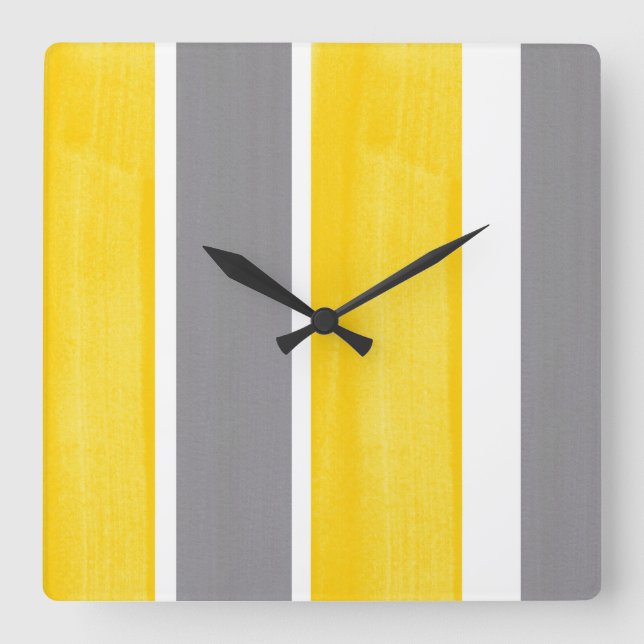 Yellow Grey White Stripe Modern 2 Square Wall Clock (Front)
