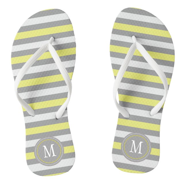 Yellow Grey White Stripe Monogram Flip Flops (Footbed)