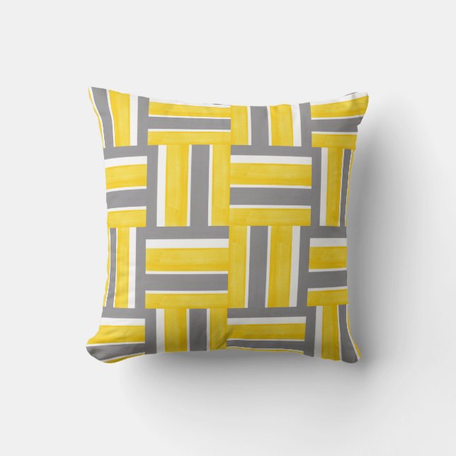Yellow Grey White Stripes Modern Pattern Throw Pillow (Front)