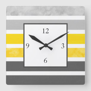 Yellow Grey White Stripes Square Wall Clock