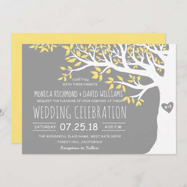 Yellow Grey White Tree Rustic Vintage Wedding Invitation (Front/Back)