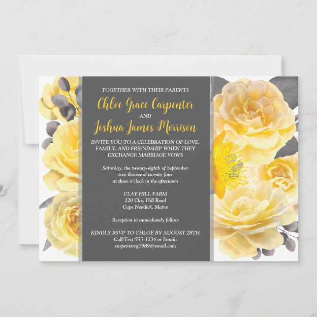 Yellow, Grey, White Watercolor Flowers Wedding Invitation (Front)