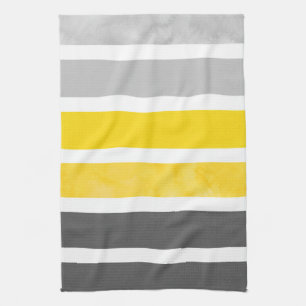 Yellow Grey White Watercolor Stripes Kitchen Towel
