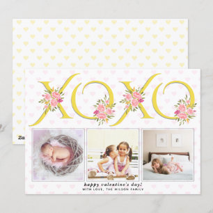 Yellow, grey XOXO Pink roses photo Valentines Day Holiday Card