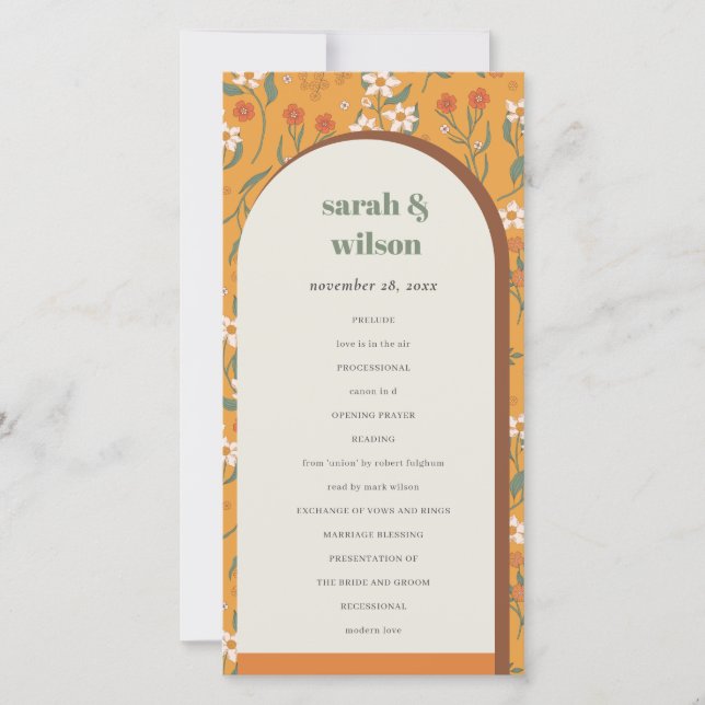 Yellow Groovy Retro Arch Floral Wedding Program (Front)