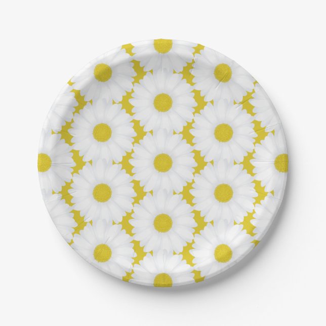 Yellow Groovy Retro Daisy Pattern for Baby Shower Paper Plate (Front)