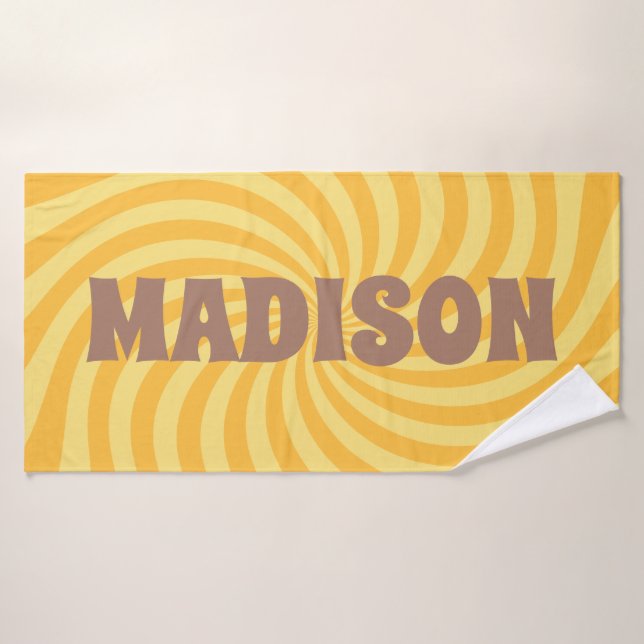 Yellow Groovy Swirl Bath Towel with Custom Name (Bath Towel)