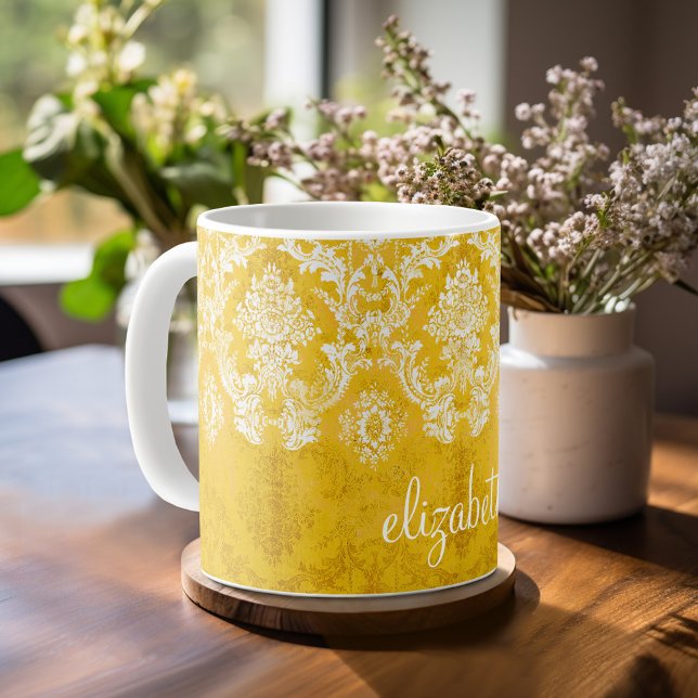 Yellow Grunge Damask Pattern with Custom Text Coffee Mug (Mug template with a place for  custom text)