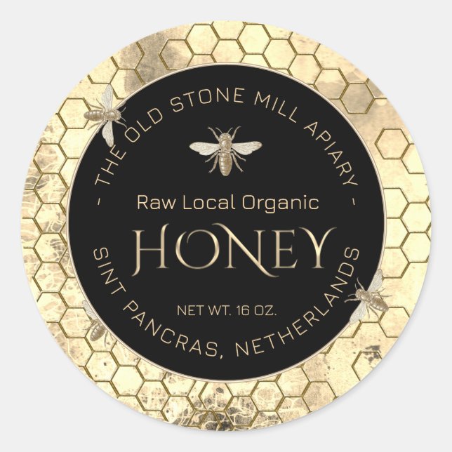  Yellow Grunge Honeycomb Honey Label (Vintage Bee) (Front)