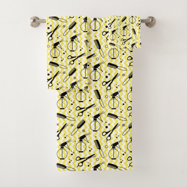 Yellow Hairdresser Tool Pattern Bath Towel Set (Insitu)