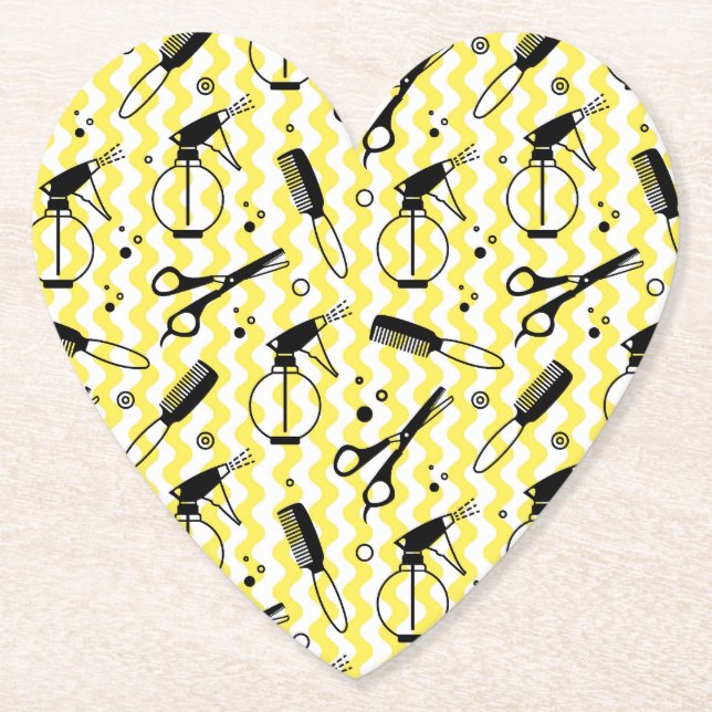 Yellow Hairdresser Tool Pattern Paper Coaster (Front)