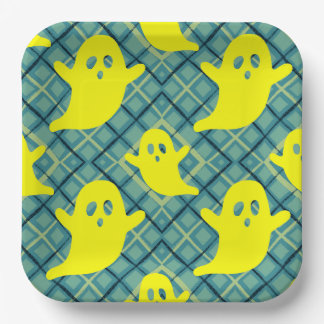 Yellow Halloween Ghosts on Green Plaid Paper Plate