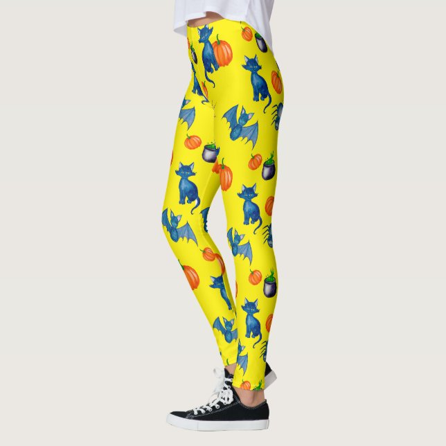 Yellow Halloween Leggings - Black Cat & Pumpkins (Left)