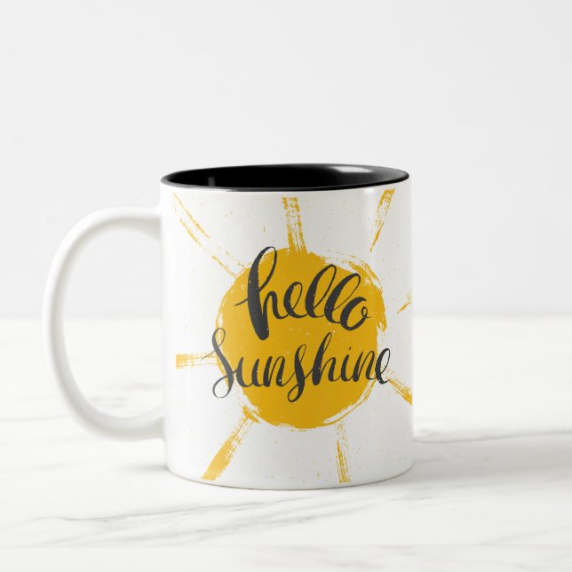 Yellow HandDrawn Sun Hello Sunshine Image Text Art Two-Tone Coffee Mug (Left)