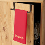 Yellow Handwritten Name Red Solid Colour Template Kitchen Towel<br><div class="desc">Custom Upload Add Your Monogram Initial Photo or Logo Text Elegant Modern Cute Kitchen & Dining / Table & Kitchen Linens/ Personalized Template Yellow Handwritten Name Red Solid Colour Kitchen Towel.</div>