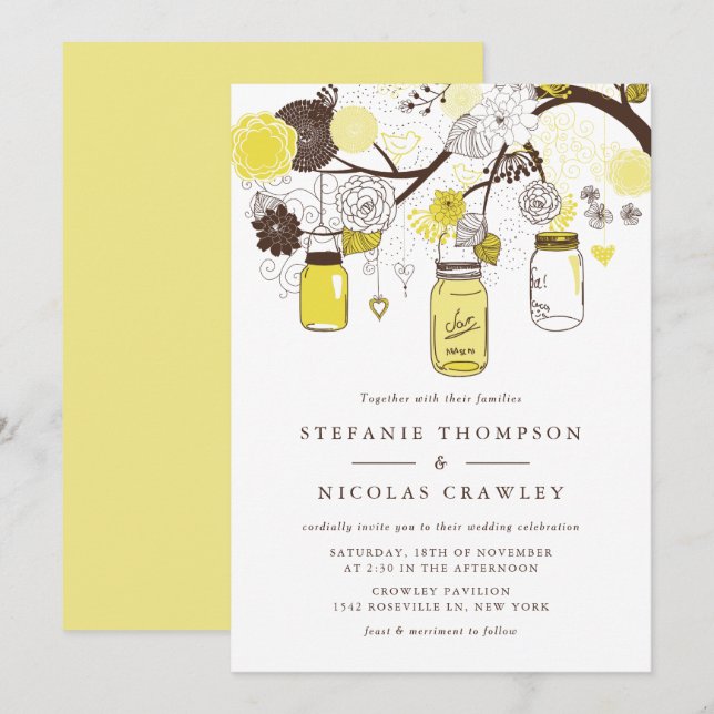 Yellow Hanging Mason Jars Wedding Invitation (Front/Back)