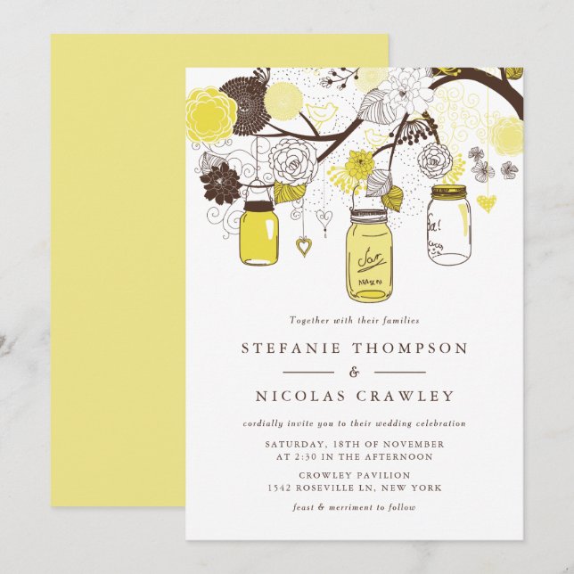 Yellow Hanging Mason Jars Wedding Invitation (Front/Back)