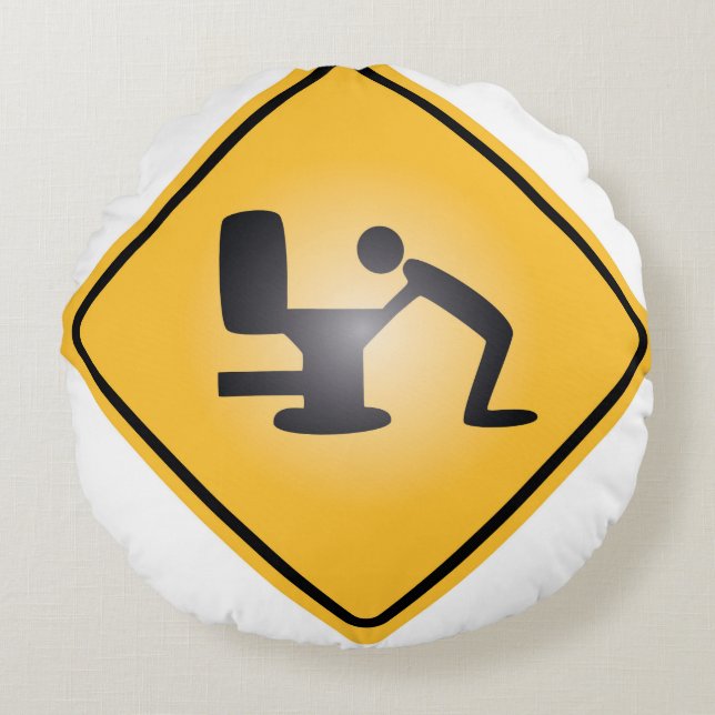 Yellow hangover warning sign round pillow (Front)